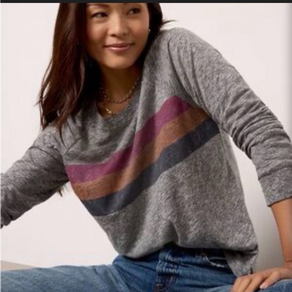 Evereve Gray Long Sleeve Tee with Pink, Brown & Blue Stripes